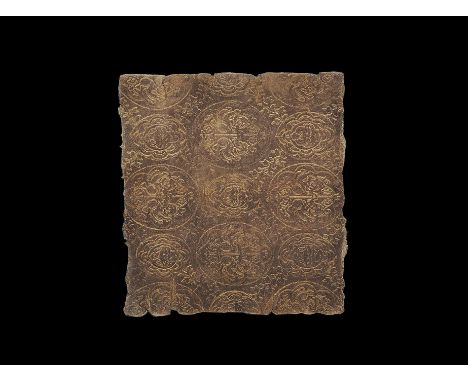 11th-14th century AD. A rectangular woven fabric panel with repeating lion-masks and addorsed gryphons in circles; the fabric