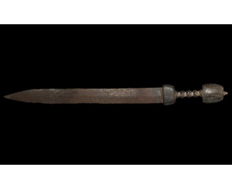 1st-2nd century AD. A gladius short sword with lentoid-section forge-welded parallel-sided blade tapering at about four-fifth