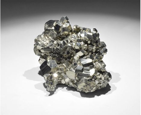 . A cluster of finely crystallised pyritohedral pyrite crystals (Fool's Gold) with old Gregory, Bottley and Lloyd label readi