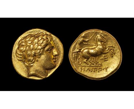 340-328 BC. Amphipolis mint. Obv: laureate head of Apollo right. Rev: FILIPPOY legend beneath charioteer driving biga right; 