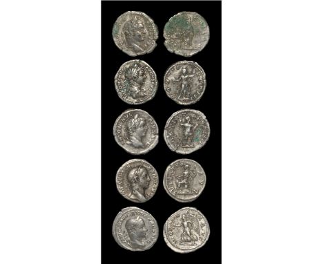 206-235 AD. Group comprising: Caracalla, Rome mint, 206-210 AD, emperor sacrificing at altar; Rome mint, 200 AD, Sol standing