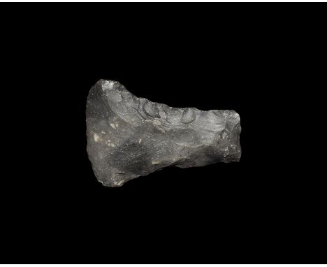 Neolithic, 4th-2nd millennium BC. A finely knapped pelta-shaped axehead with squared butt and polished to the slightly curved