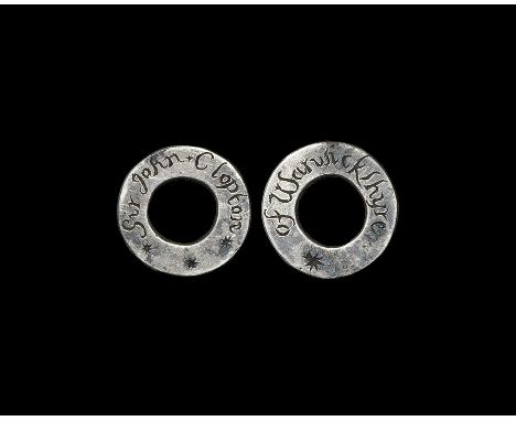 16th-17th century AD. A small silver annular hunting vervel, inscribed to one face in a loose italic hand '*Sir John + Clopto