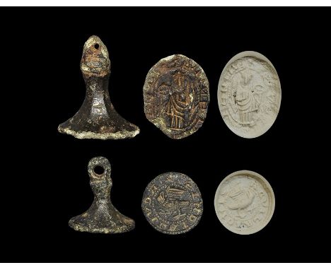 13th-14th century AD. A pair of bronze chessman seal matrices comprising: one discoid with central intaglio eagle motif and L