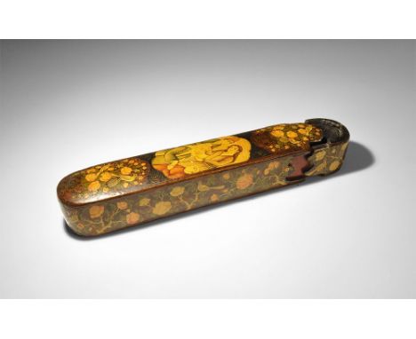 18th-19th century AD. A wood and lacquered pen case painted on the top with a panel of flowers and birds to top and bottom; i