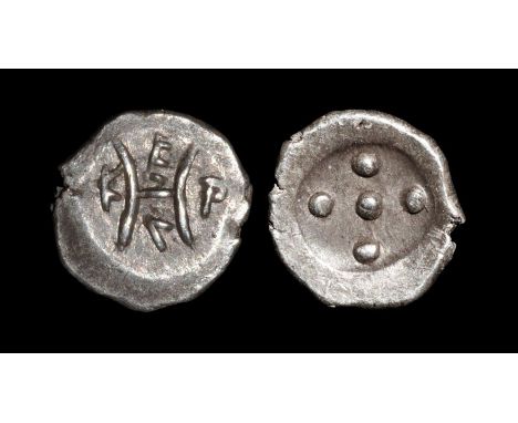 455-430 BC. Obv: five dots (=pentonkion) in an incuse circle. Rev: large H (=hemilitron) with E-R-V-K in the four sections ar