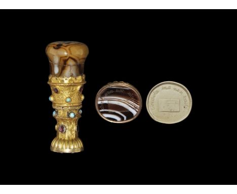 19th century AD. A silver-gilt mounted desk seal with banded brown/white agate handle, the long collar with engraved foliage 