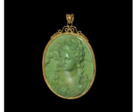 18th-19th century AD. A Grand Tour high relief chrysoprase cameo of the goddess Minerva with hair parted and falling onto sho