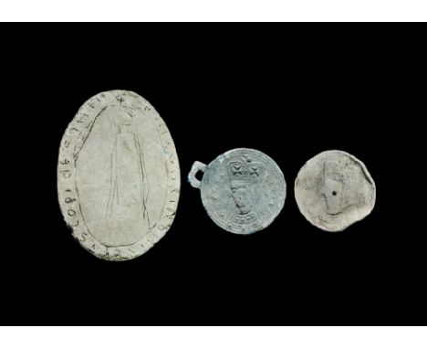 16th-17th century AD. A mixed group of lead plaques comprising: a discoid pendant with square loop, central boss with concent