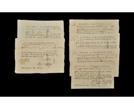 Dated 1781-1782 AD. Group comprising: State of Connecticut Pay-Table Office documents printed in black and stating 'Lawful Si