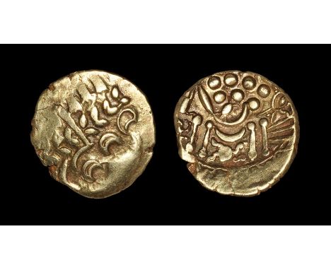 70-10 BC. Obv: wreath and cloak with three crescents. Rev: disjointed horse left with large pellets above, crab below. 6.13 g