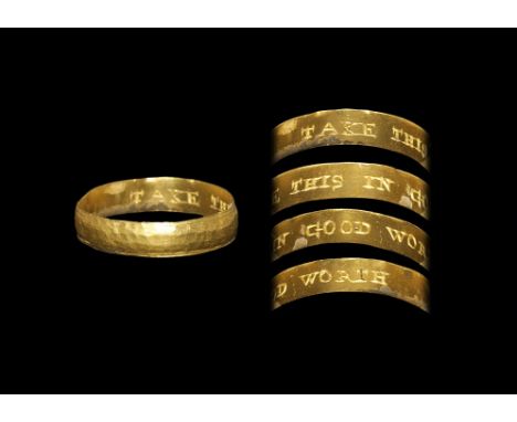 16th-17th century AD. A gold posy ring inscribed on the inside with Take This In Good Worth. 1.23 grams, 15.73 overall, 14.88