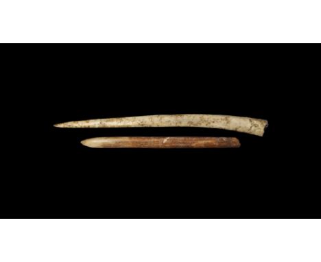 Neolithic, 5th-3rd millennium BC. A pair of Volosovo culture bone awls, one made from the rib of a middle sized animal. 12 gr