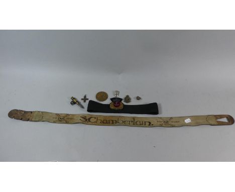 A Box Containing Small Quantity of Militaria to Include Belts, Royal Air Force Sporting Medal, Bullet Clip, Royal Army Medica