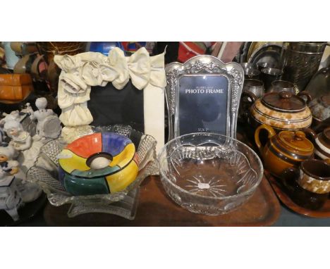 A Tray Containing Two Glass Bowls, Ceramic Ashtray, Two Photoframes 