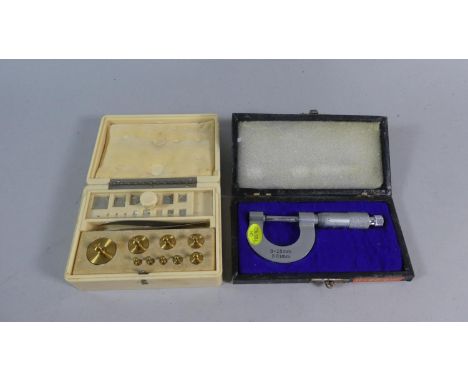 A Cased Set of Baird and Tatlock Scientific Scale Weights Together with a Cased Micrometer Screw 