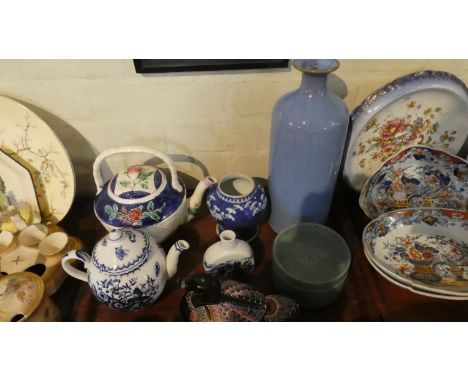 A Tray Containing Two Ceramic Teapots, Blue and White Vases, Duck Box etc 