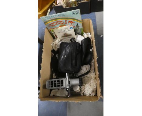 A Box of Sundries to Include Dressing Table Mirror, Slide Projector, Records, Crochet Work Etc 