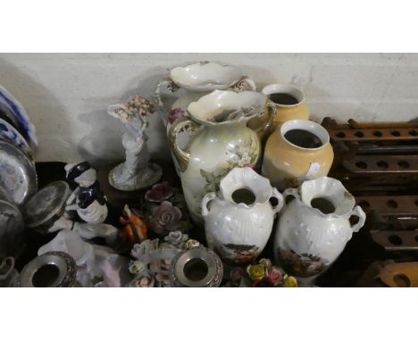 A Tray of Various Ceramic Vases, Posy Ornaments, Figural Ornaments etc 