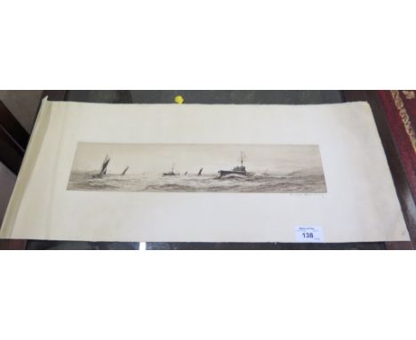 Frank Harding Patrol boats among sailing vessels Etching signed in pencil, unframed and unmounted 8cm x 38cm