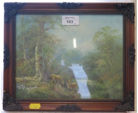 R. Danford Deer in the woods Oil on board signed 19 x 24cm