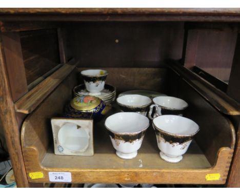 A set of five Royal Albert Regina series Black Diamond tea cups and saucers, a pair of Japanese side plates and a Vienna styl