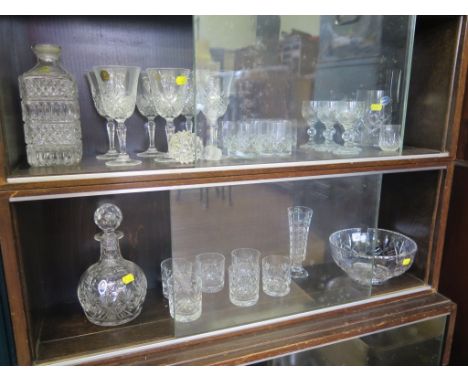 A Royal Doulton Crystal set of six tumblers and a decanter, six French crystal wine glasses, another decanter and other cut g
