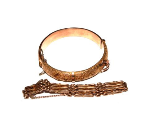 A 9 carat rose gold gate bracelet together with a chased 9 carat gold bangle (some dents) 24 grams
