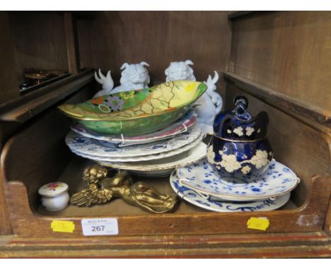 A Carltonware dish, in yellow and green with floral decoration, a pair of ceramic Fo dogs and other decorative plates