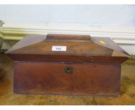 A Regency mahogany sarcophagus form tea caddy, with two caddies and bowl compartment, lacks feet, 33cm wide