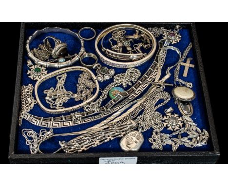 Quantity of Silver Jewellery Items, comprising bamboo design bangle, a crystal set bangle, silver stone set bangle, a silver 