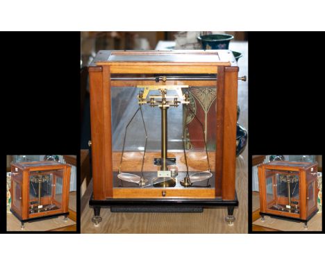 Stanton Instruments Vintage Chemical Scales Model C.B.3. Cased brass scales with glass front and sides, raised on four feet. 