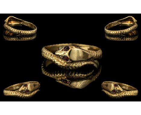 Antique Period - Attractive / Realistic 9ct Gold Snake Ring, With Ruby Set Eyes. Full Hallmark to Interior of Shank. Very Rea