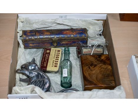A Box of Collectibles, comprising two wooden boxes, one decorated with brass trims and a paint effect, and one velvet lined w