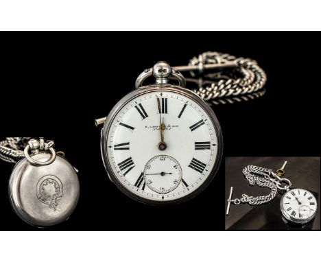 Victorian Period  - Excellent Sterling Silver Open Faced Keywind Pocket Watch, with attached antique sterling silver double A