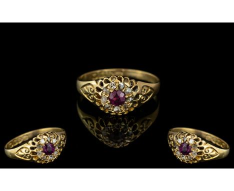 18ct Gold Antique Ruby &amp; Diamond Ring, central Ruby surrounded by nine rosecut diamonds.  Fully hallmarked for Chester. R