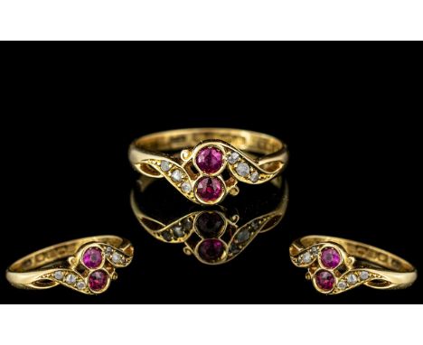 Edwardian Period - Exquisite 18ct Gold Rubies and Diamonds Set Ring. The Natural Rubies of Superb Colour, With Old Cut Diamon