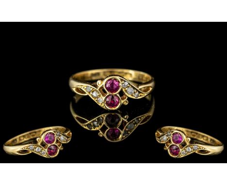 Edwardian Period - Exquisite 18ct Gold Rubies and Diamonds Set Ring. The Natural Rubies of Superb Colour, With Old Cut Diamon