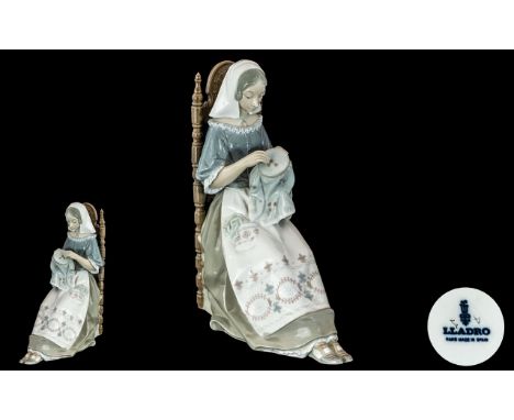 Lladro Large Handpainted Porcelain Figure 'Embroiderer', Model No. 4865.  Issued 1974 - 1994.  Height 11" - 27.5 cm. 1st Qual