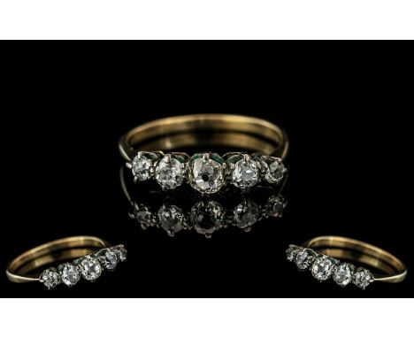 18ct Gold &amp; Platinum 5 Stone Diamond Set Ring.  The five cushion cut diamonds of good colour and clarity (white).  Est. d