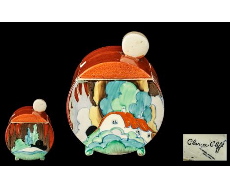 Clarice Cliff Hand Painted Small Lidded Preserve Pot ' Forest Glen ' Red Roofs Design. c.1935. Tiny Section of Paint Missing.