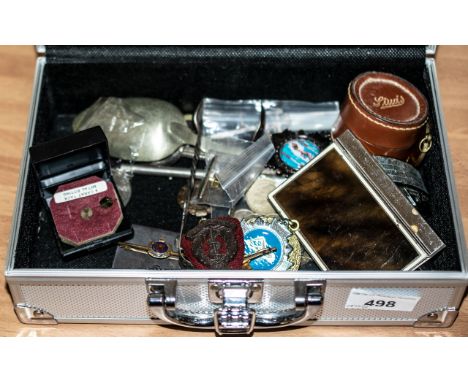 Box of Collectible Items, including silver six pences, Crowns, Army pin badge, various sporting medals, National Rally medal 