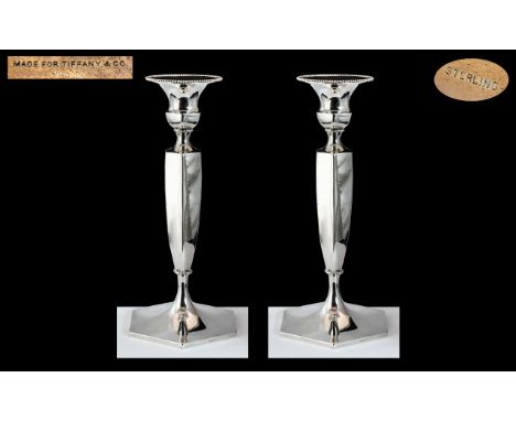 Tiffany &amp; Co Early 20th Century Signed Pair of Superb Sterling Silver Candlesticks. Detachable Nozzles, Marked Sterling. 
