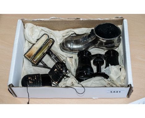 Box of Collectibles comprising a pair of Victorian folding spectacles in a box, a pair of small binoculars, a small metal tra
