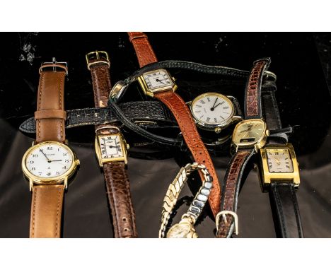 Collection of Eight Watches, comprising Accurist watch with date aperture and brown leather strap, a square faced watch with 