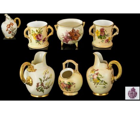 Royal Worcester Collection of Hand Painted Blush Ivory Ceramic Jugs, Three Handled Cups etc ( 6 ) Pieces In Total. All with P