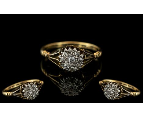 Antique Period Ladies 18ct Gold Pleasing Diamond Set Small Cluster Ring, marked 18ct to shank.  Hallmark Chester 1913.  Diamo