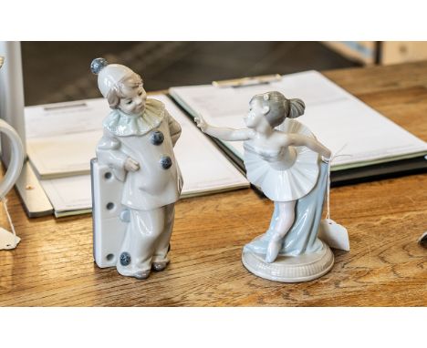 Lladro Domino Clown Figure, measures 8" tall, together with a Nao ballerina figure 7" tall, and a Sadler Ginger Jar 11" tall 