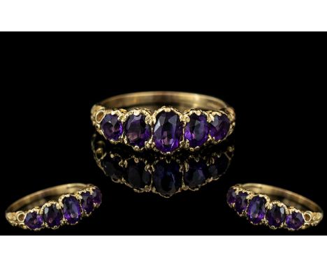 Antique Period - Attractive 15ct Gold 5 Stone Amethyst Set Ring, Excellent Proportions. Full Hallmark to Interior of Shank - 