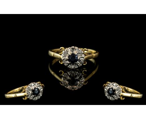 Ladies 18ct Yellow Gold Sapphire And Diamond Set Cluster Ring, Flowerhead Setting Full Hallmark For 18ct. Ring Size L. Weight